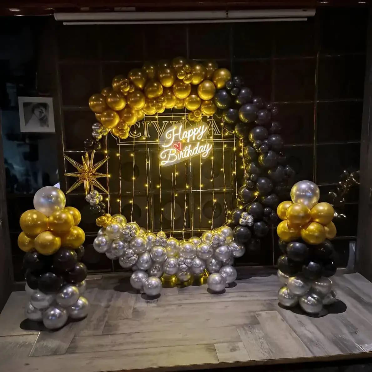 Midnight Gold Birthday Balloon Arch