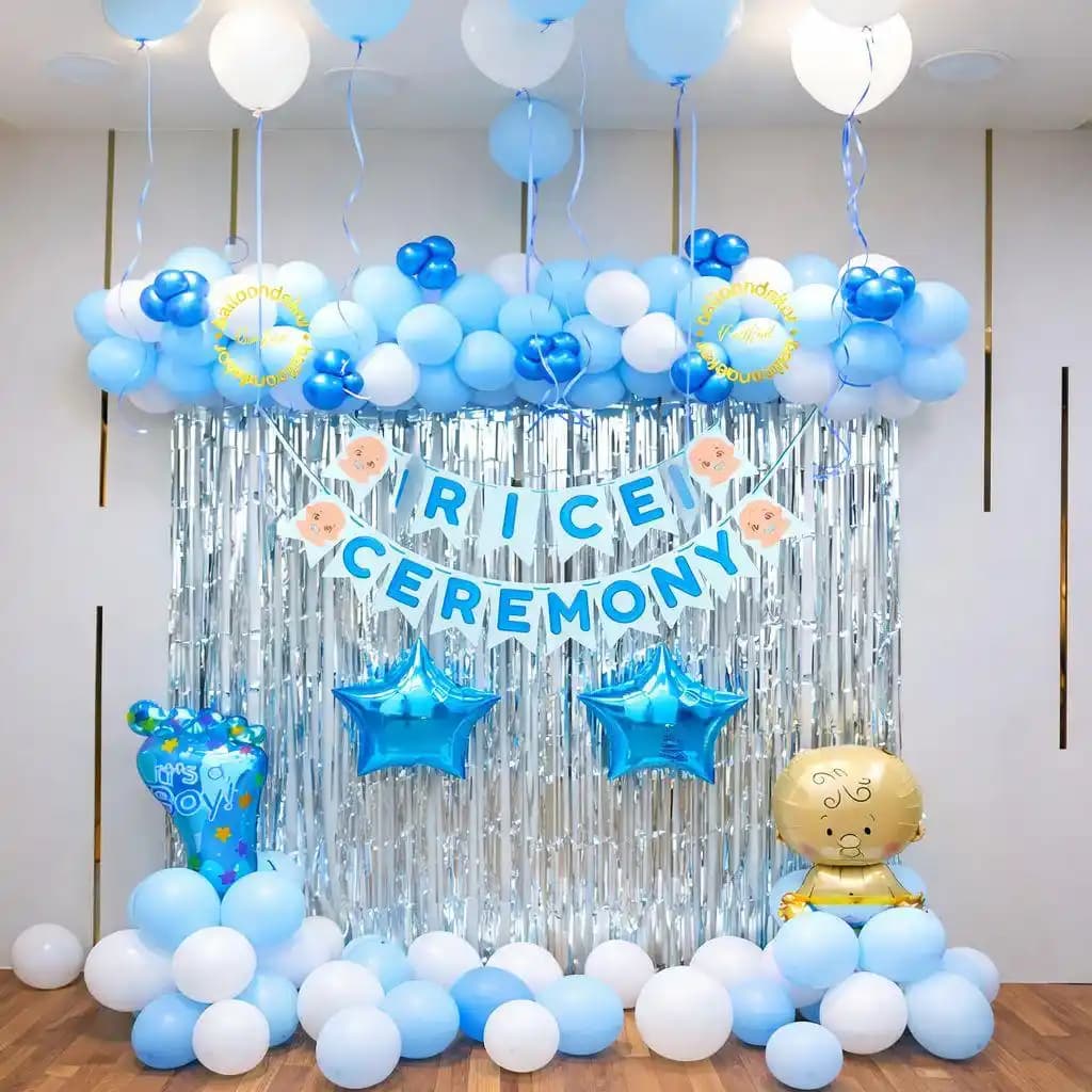 Blue & White Annaprashan Balloon Arch